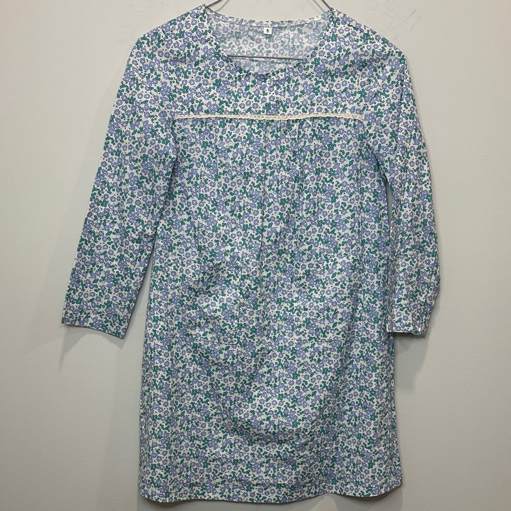 Girls 100% cotton calico floral dress prairie cottagecore periwinkle teal size 9